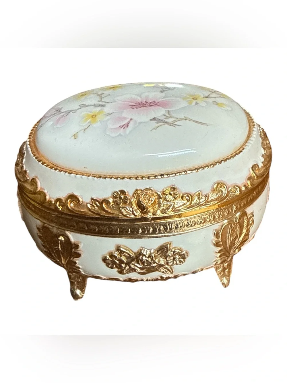 Linden Porcelain Trinket Music Box Vtg Japan Victorian Gold Speak Softly Love
